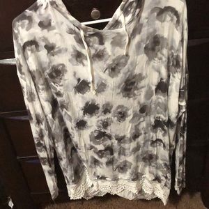 white and grey floral hooded long sleeve